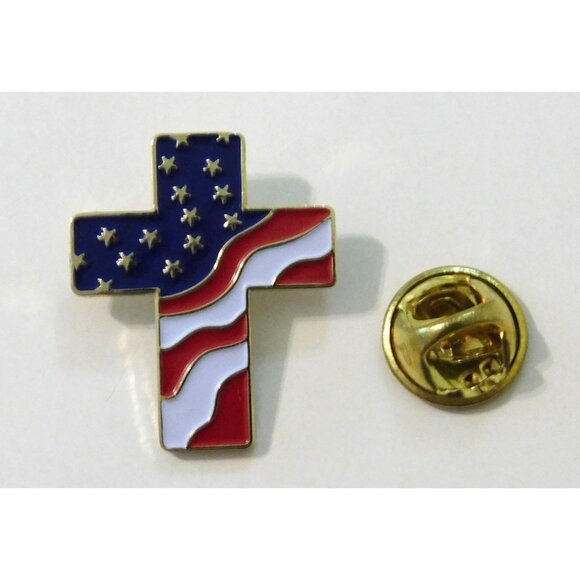 American Flag Gold Cross Lapel Pin Patriotic Red White Blue 1 Inch - Picture 2 of 4